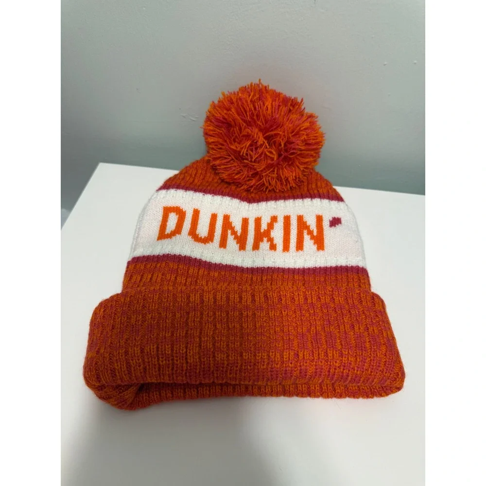 Dunkin' Beanie Unisex OS Orange Knit Pom Pom Cuffed Winter Hat Logo Merch